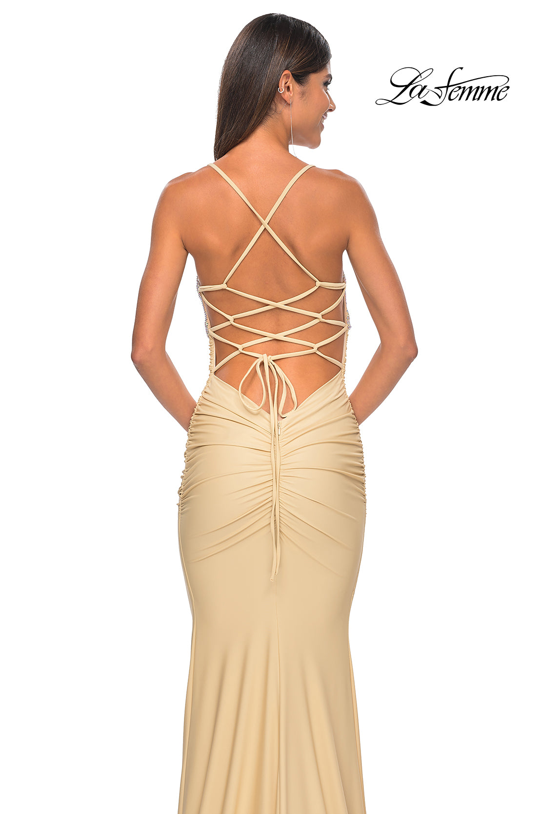 La Femme 32320 V-Neck Neckline Criss Cross Back Ruched Hot Stone/Fishnet/Jersey Fitted Evening Dress