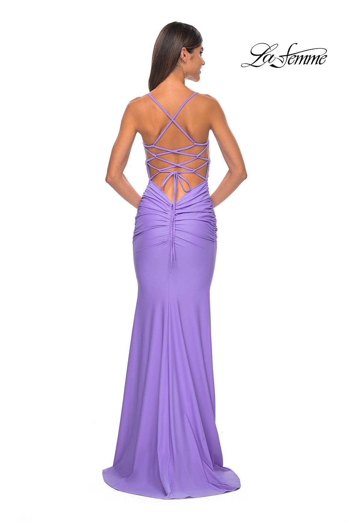 La Femme 32320 V-Neck Neckline Criss Cross Back Ruched Hot Stone/Fishnet/Jersey Fitted Evening Dress