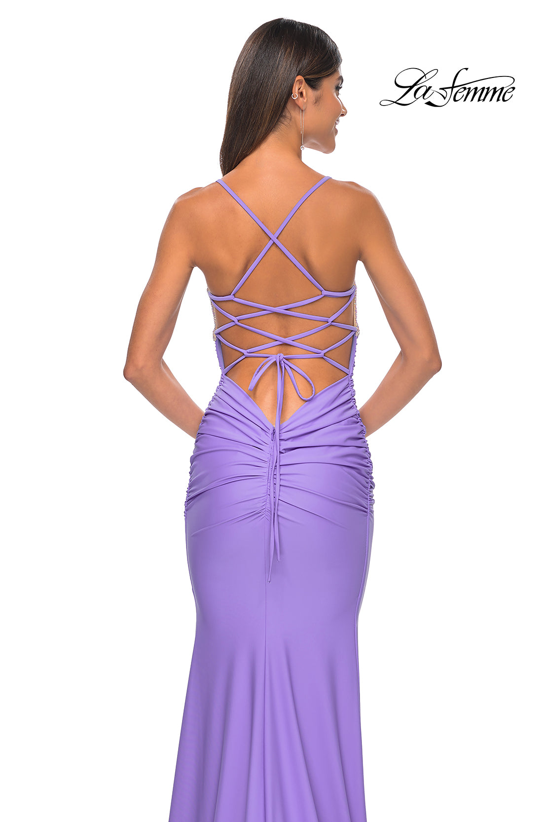 La Femme 32320 V-Neck Neckline Criss Cross Back Ruched Hot Stone/Fishnet/Jersey Fitted Evening Dress
