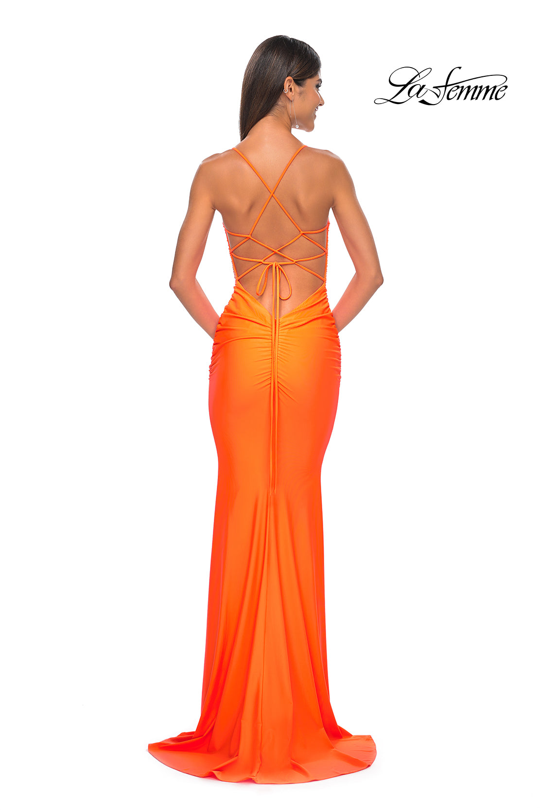 La Femme 32325 Sweetheart Neckline Criss Cross Back Ruched Hot Stone/Jersey Column Fitted Evening Dress