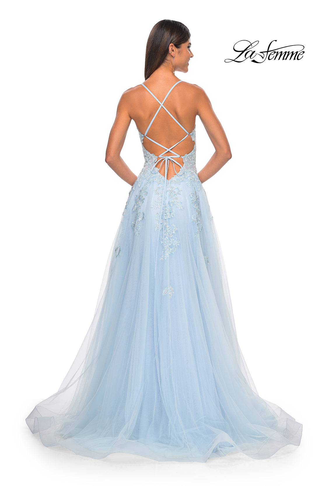 La Femme 32438 V-Neck Plunging Neckline Criss Cross Back Train Lace/Tulle Ball Gowns Evening Dress