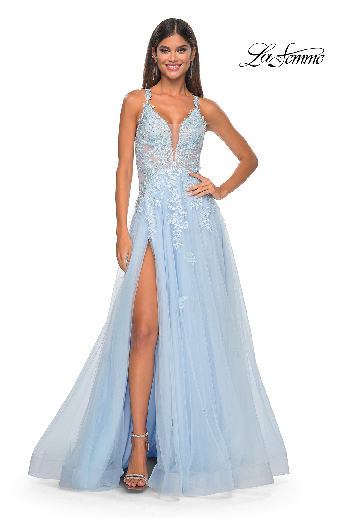 La Femme 32438 V-Neck Plunging Neckline Criss Cross Back Train Lace/Tulle Ball Gowns Evening Dress