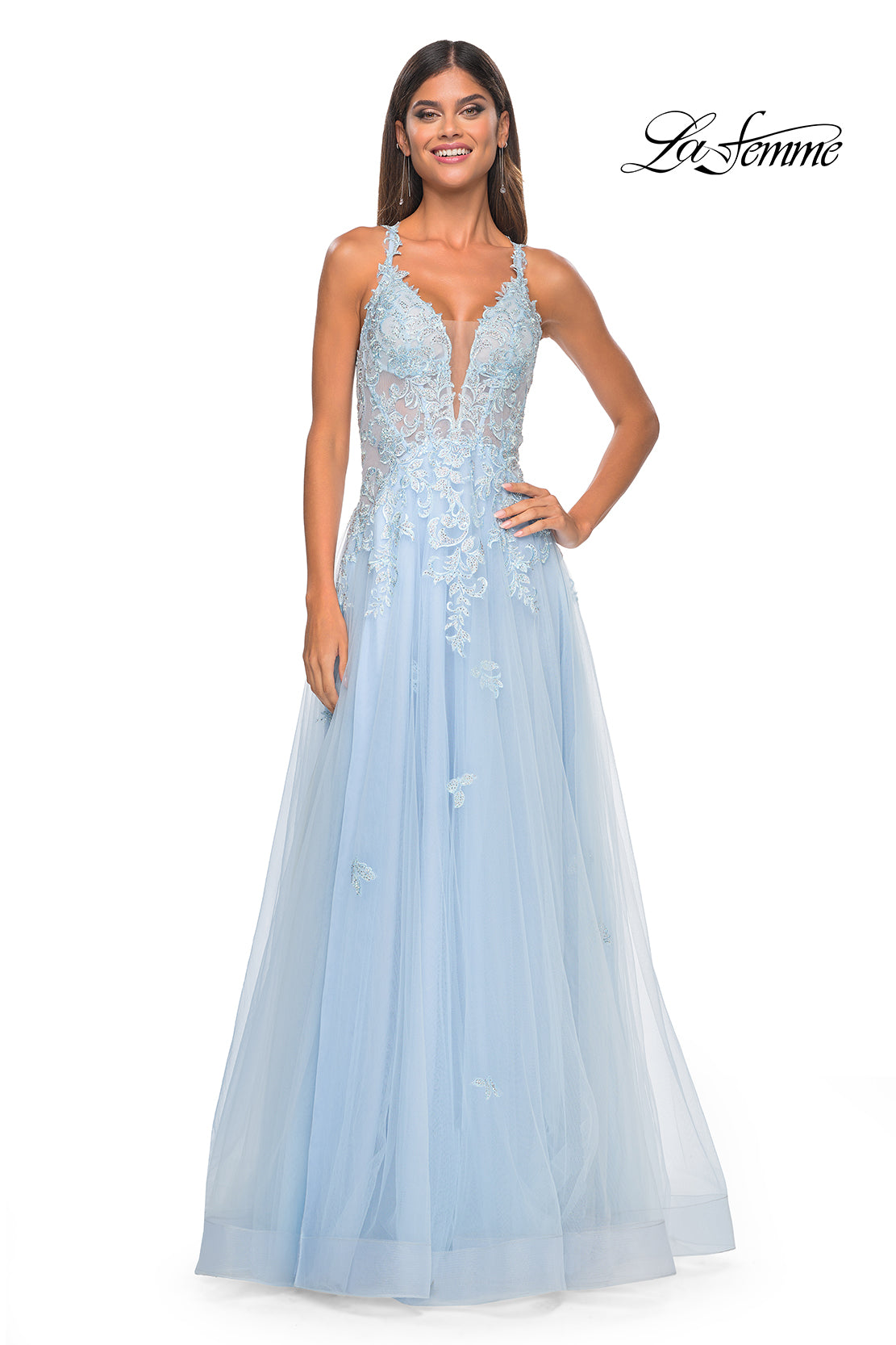 La Femme 32438 V-Neck Plunging Neckline Criss Cross Back Train Lace/Tulle Ball Gowns Evening Dress