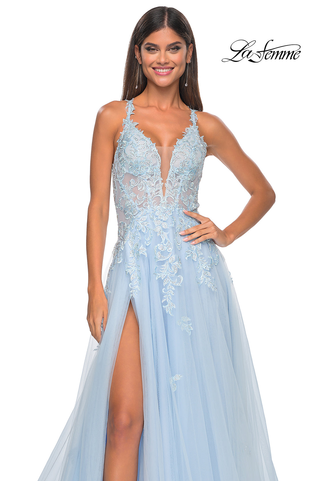 La Femme 32438 V-Neck Plunging Neckline Criss Cross Back Train Lace/Tulle Ball Gowns Evening Dress