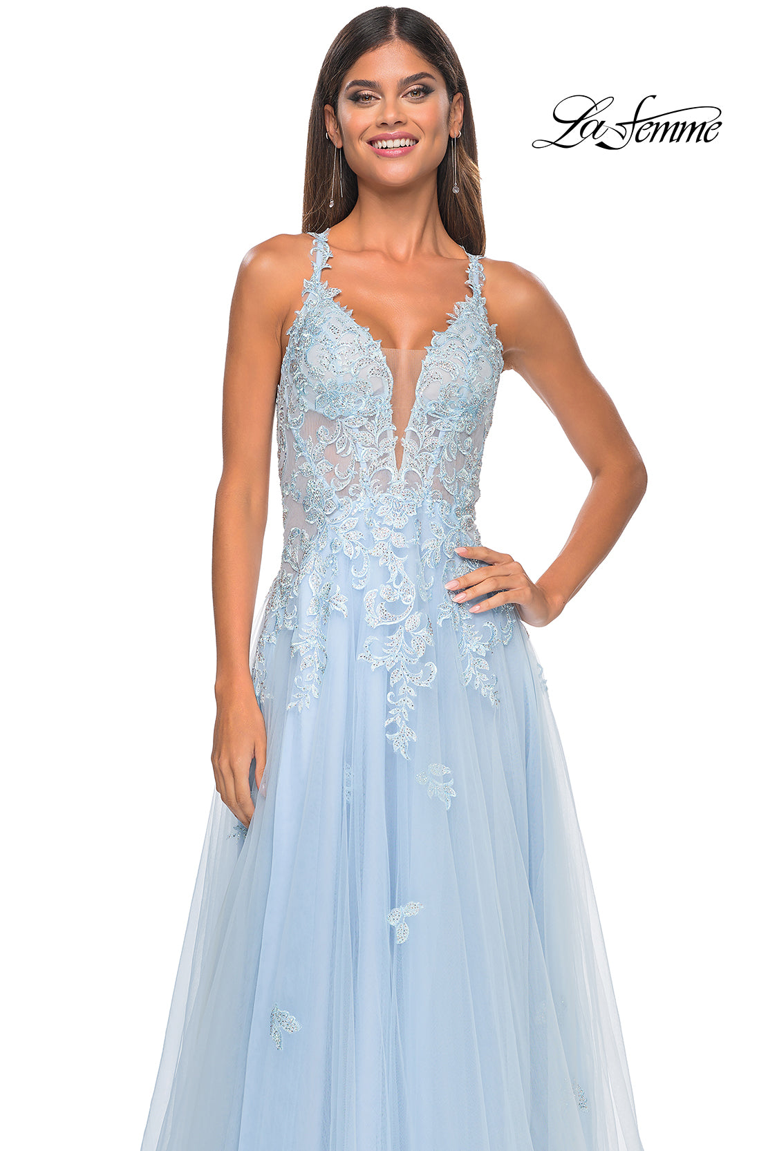 La Femme 32438 V-Neck Plunging Neckline Criss Cross Back Train Lace/Tulle Ball Gowns Evening Dress