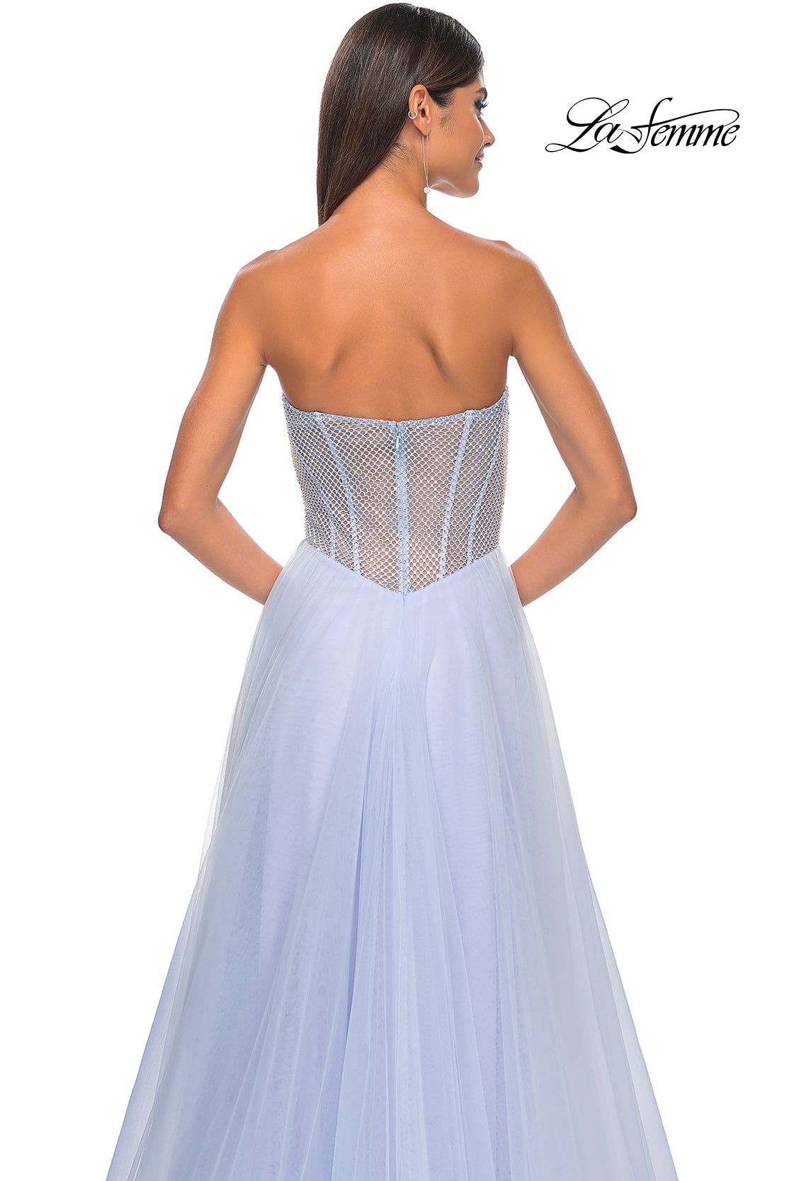 La Femme 32445 Sweetheart Neckline Zipper Back High Slit Hot Stone/Fishnet/Tulle A-Line Evening Dress