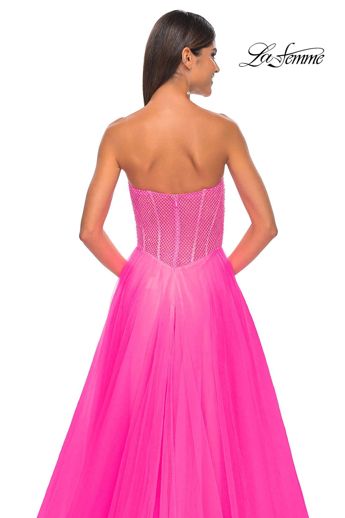 La Femme 32445 Sweetheart Neckline Zipper Back High Slit Hot Stone/Fishnet/Tulle A-Line Evening Dress