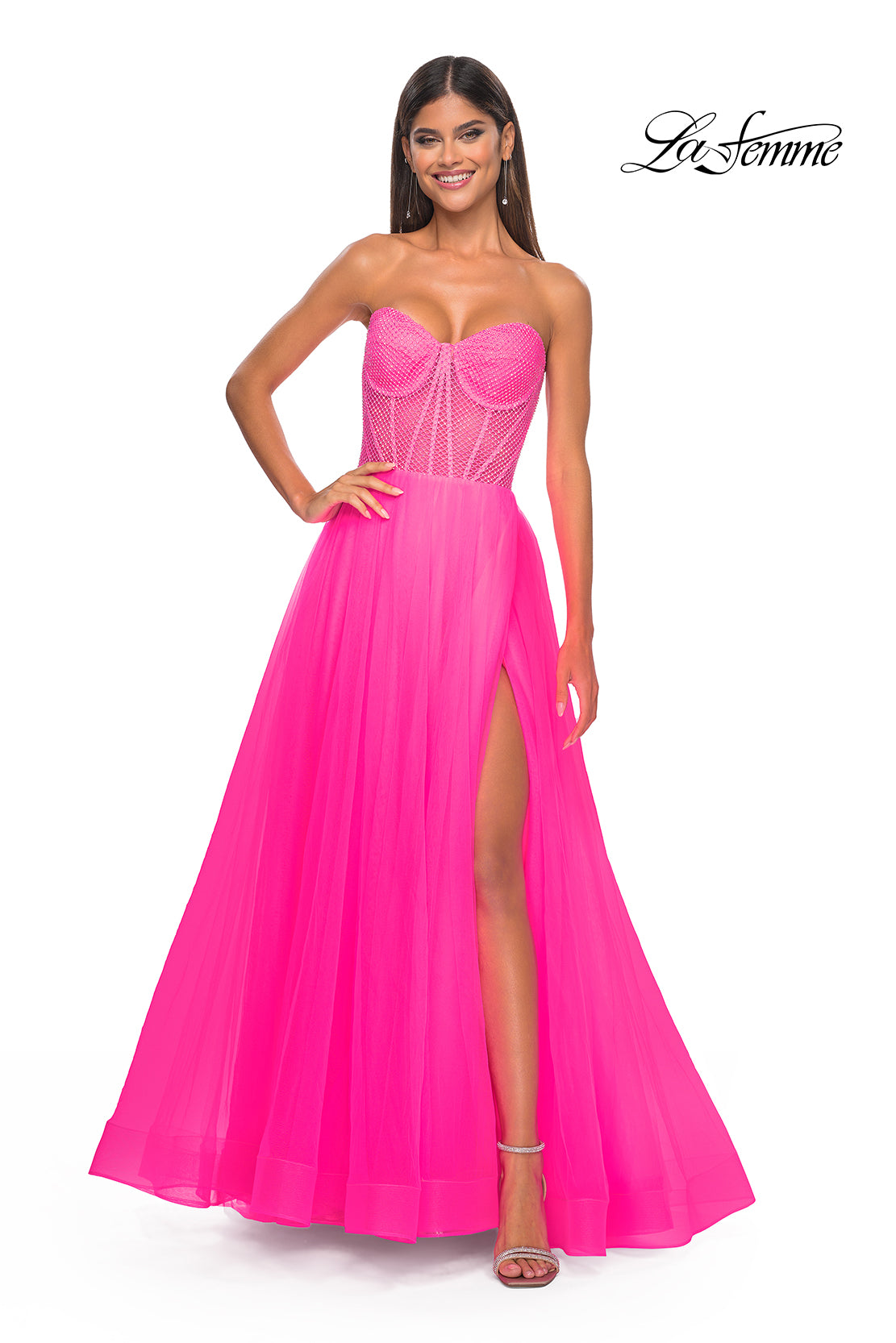 La Femme 32445 Sweetheart Neckline Zipper Back High Slit Hot Stone/Fishnet/Tulle A-Line Evening Dress