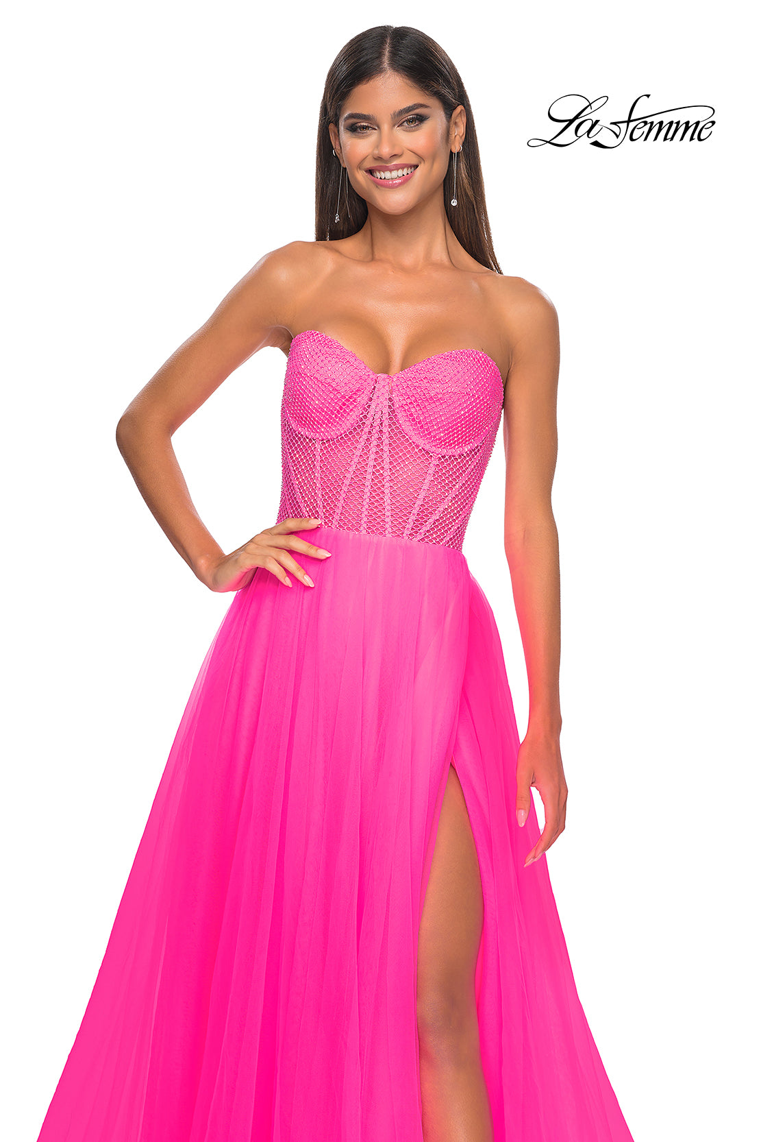 La Femme 32445 Sweetheart Neckline Zipper Back High Slit Hot Stone/Fishnet/Tulle A-Line Evening Dress