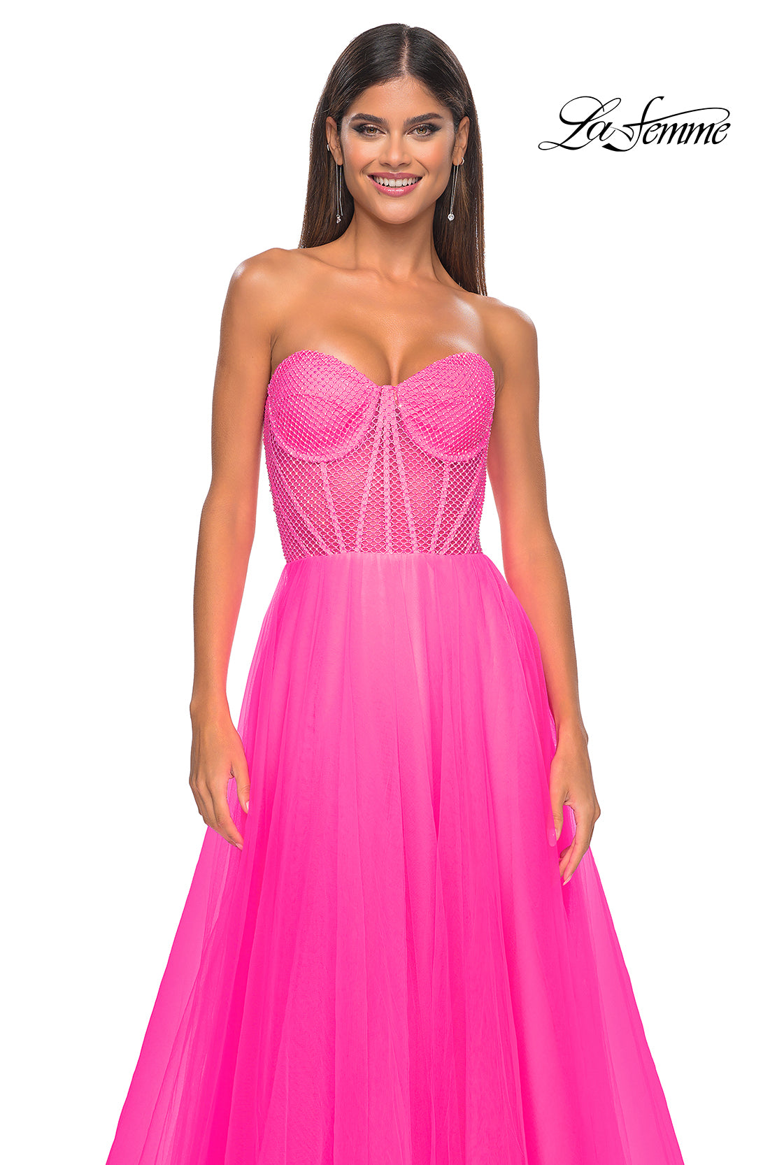 La Femme 32445 Sweetheart Neckline Zipper Back High Slit Hot Stone/Fishnet/Tulle A-Line Evening Dress