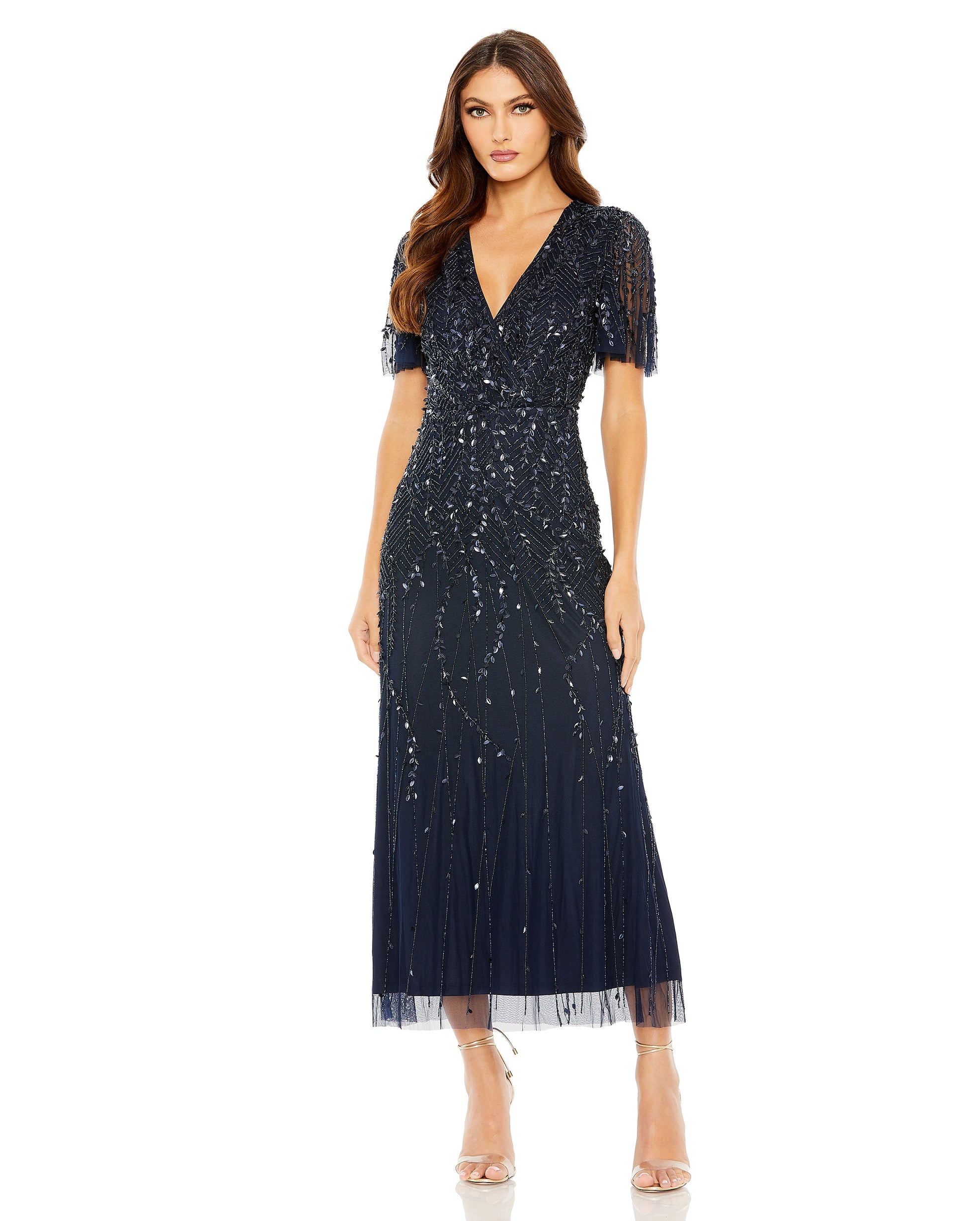 Mac Duggal - Navy Beaded Wrap Over Butterfly Sleeve Dress - US 22 Mac Duggal - Navy Beaded Wrap Over Butterfly Sleeve Dress - US 22