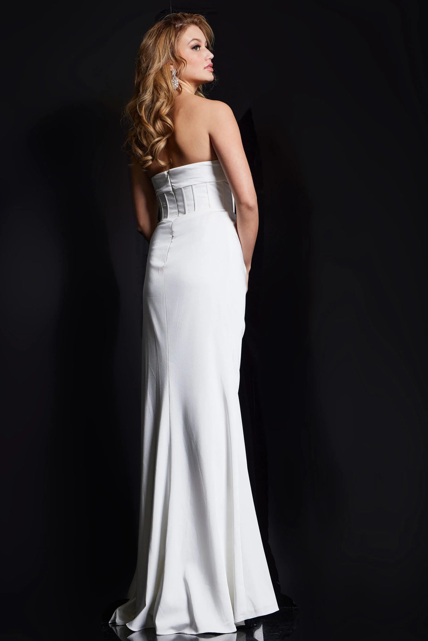 Jovani 36988 Strapless Corset Bodice Gown With Dramatic Slit And Train