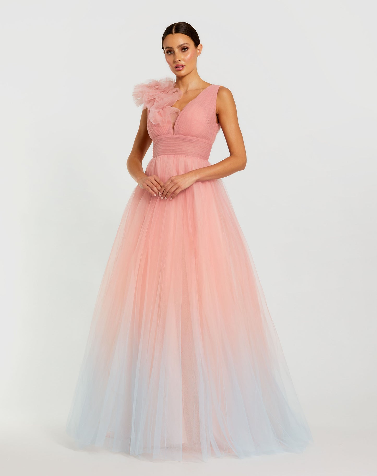 Mac Duggal 37001 Ruffle Shoulder V Neck Ombre Tulle Ballgown