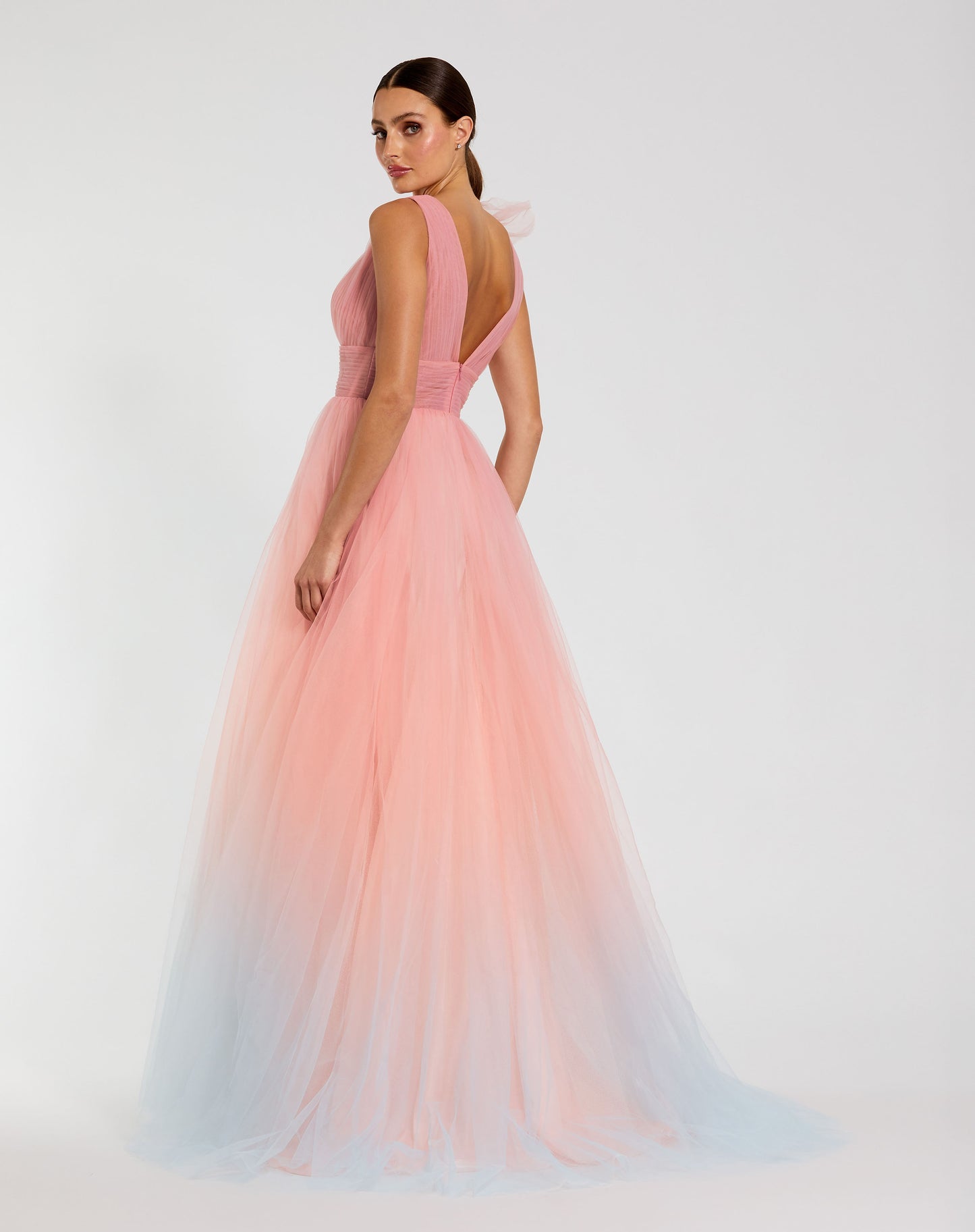 Mac Duggal 37001 Ruffle Shoulder V Neck Ombre Tulle Ballgown