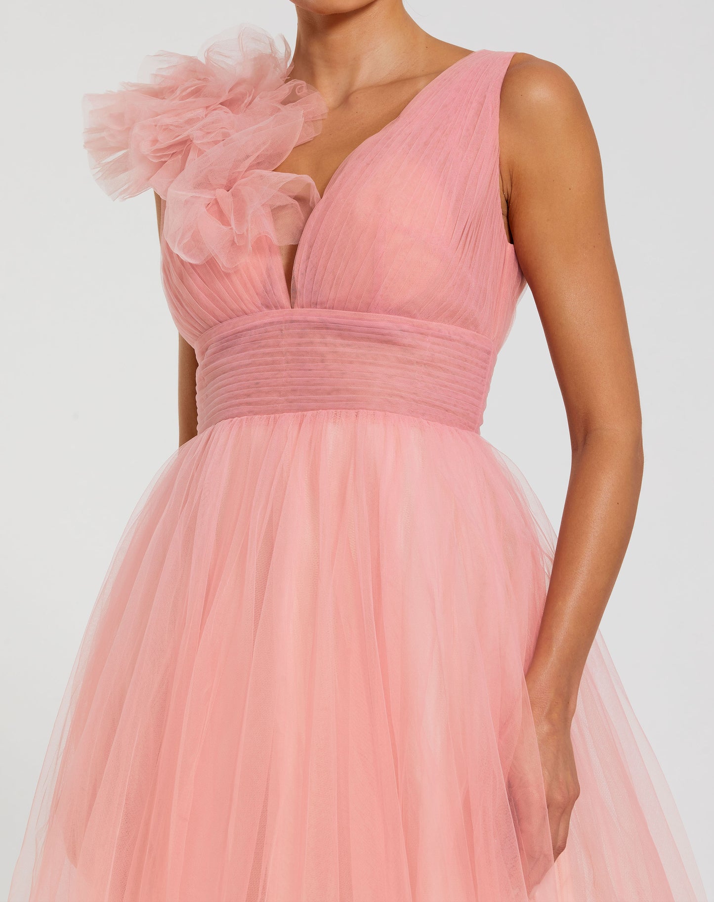 Mac Duggal 37001 Ruffle Shoulder V Neck Ombre Tulle Ballgown