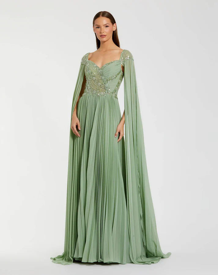 Mac Duggal 37034 Green Embellished Chiffon Cape Sleeve Sweetheart Neckline A Line Gown