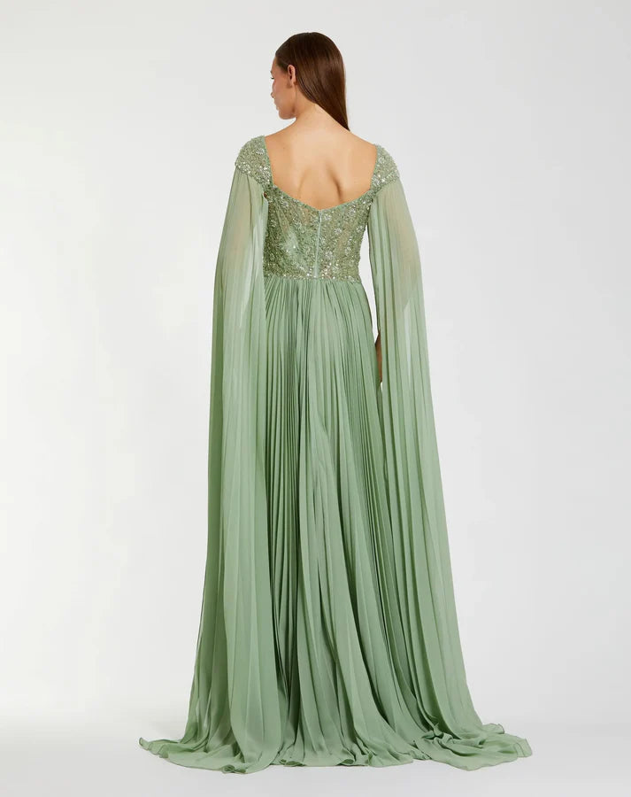 Mac Duggal 37034 Green Embellished Chiffon Cape Sleeve Sweetheart Neckline A Line Gown