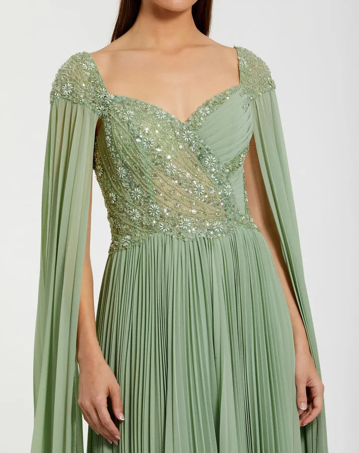 Mac Duggal 37034 Green Embellished Chiffon Cape Sleeve Sweetheart Neckline A Line Gown