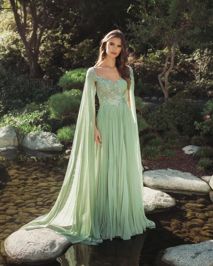 Mac Duggal 37034 Green Embellished Chiffon Cape Sleeve Sweetheart Neckline A Line Gown