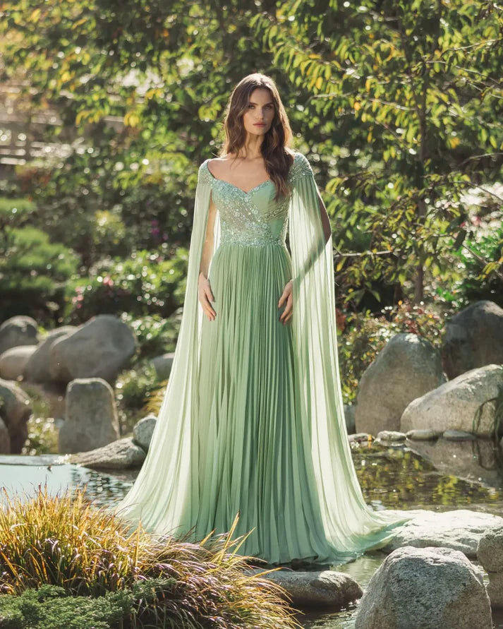Mac Duggal 37034 Green Embellished Chiffon Cape Sleeve Sweetheart Neckline A Line Gown