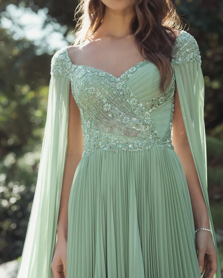 Mac Duggal 37034 Green Embellished Chiffon Cape Sleeve Sweetheart Neckline A Line Gown
