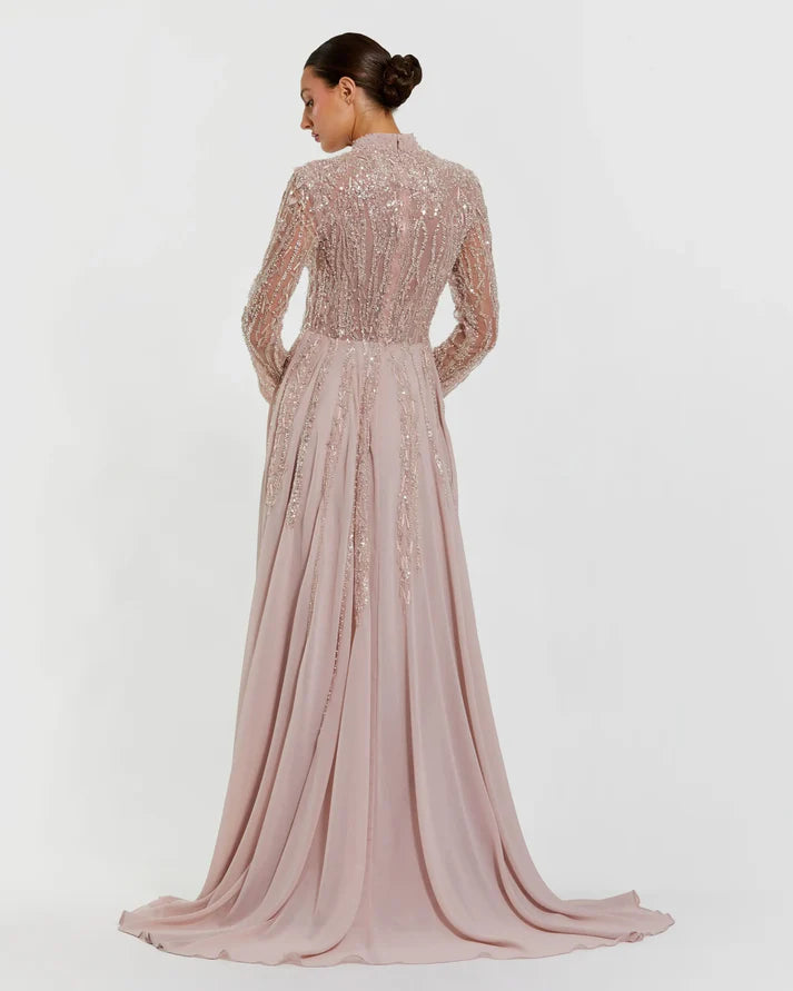 Mac Duggal 37037 Rose Embellished Long Sleeve Gown with Pleated A-line Chiffon Skirt and Slit