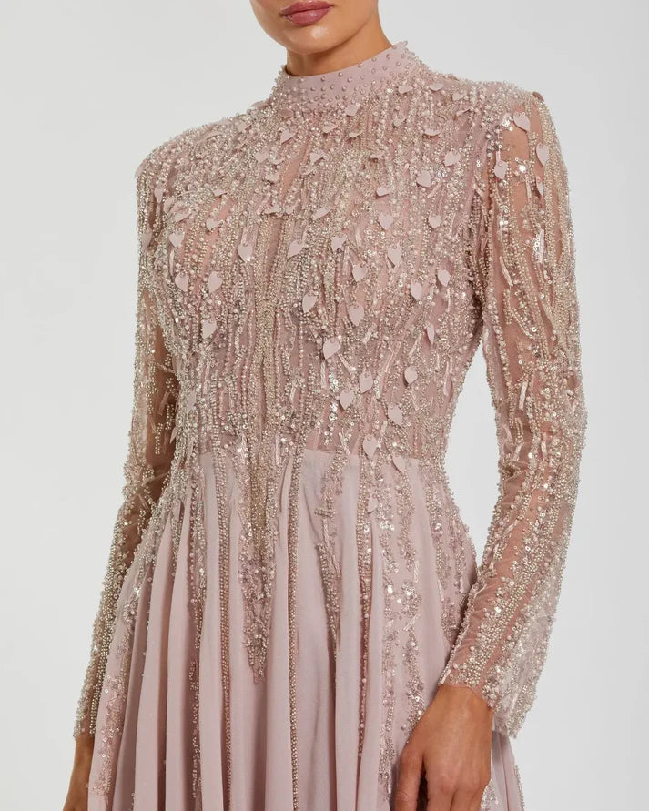 Mac Duggal 37037 Rose Embellished Long Sleeve Gown with Pleated A-line Chiffon Skirt and Slit