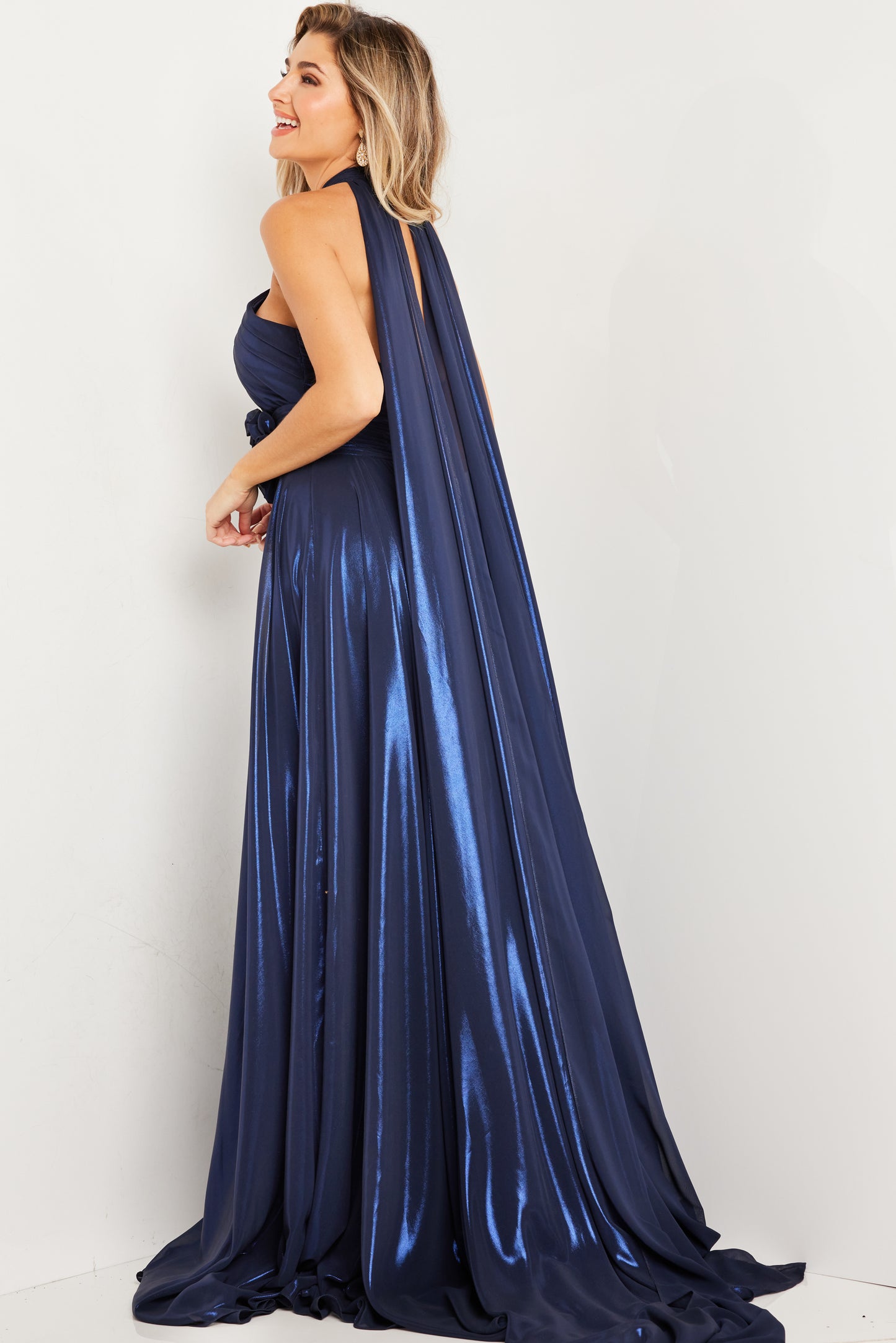 Jovani 37163 Metallic Halter Neck Maxi Gown