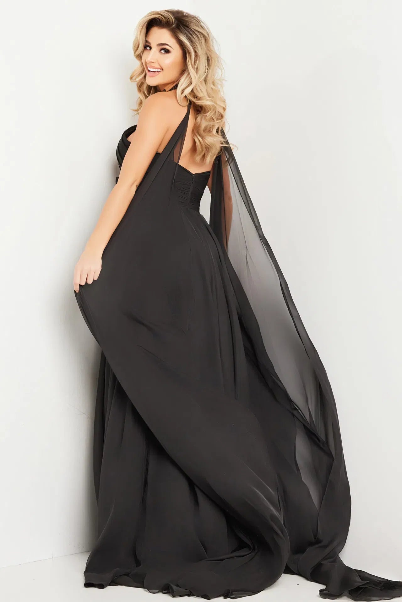 Jovani 37166 Halter Neck Chiffon Gown with Floral Detail