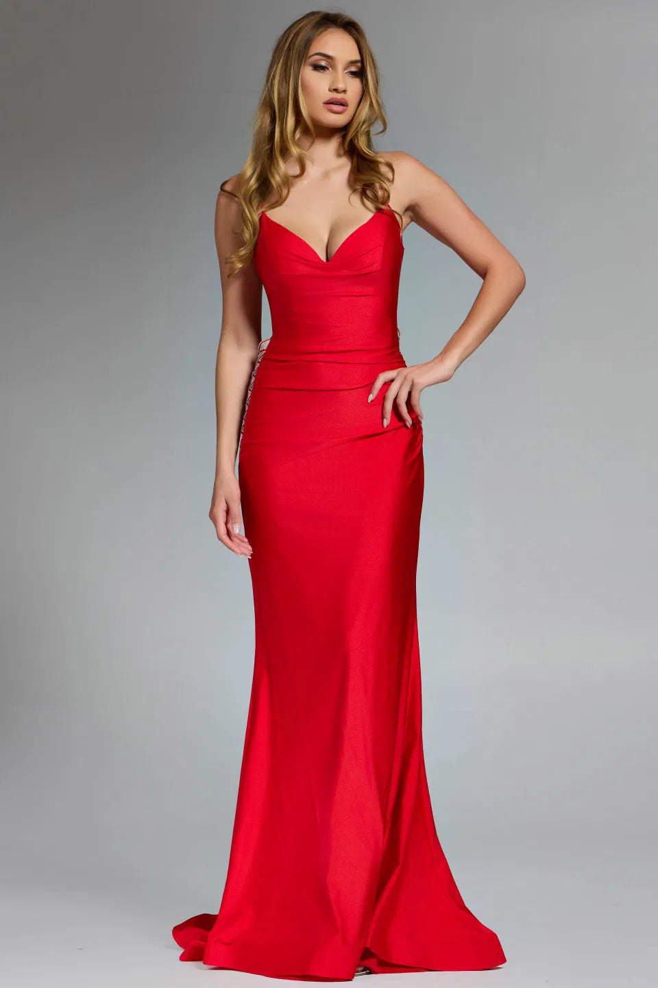 Jovani 37529 Spaghetti Strap Gown with Side Lace-Up Detail