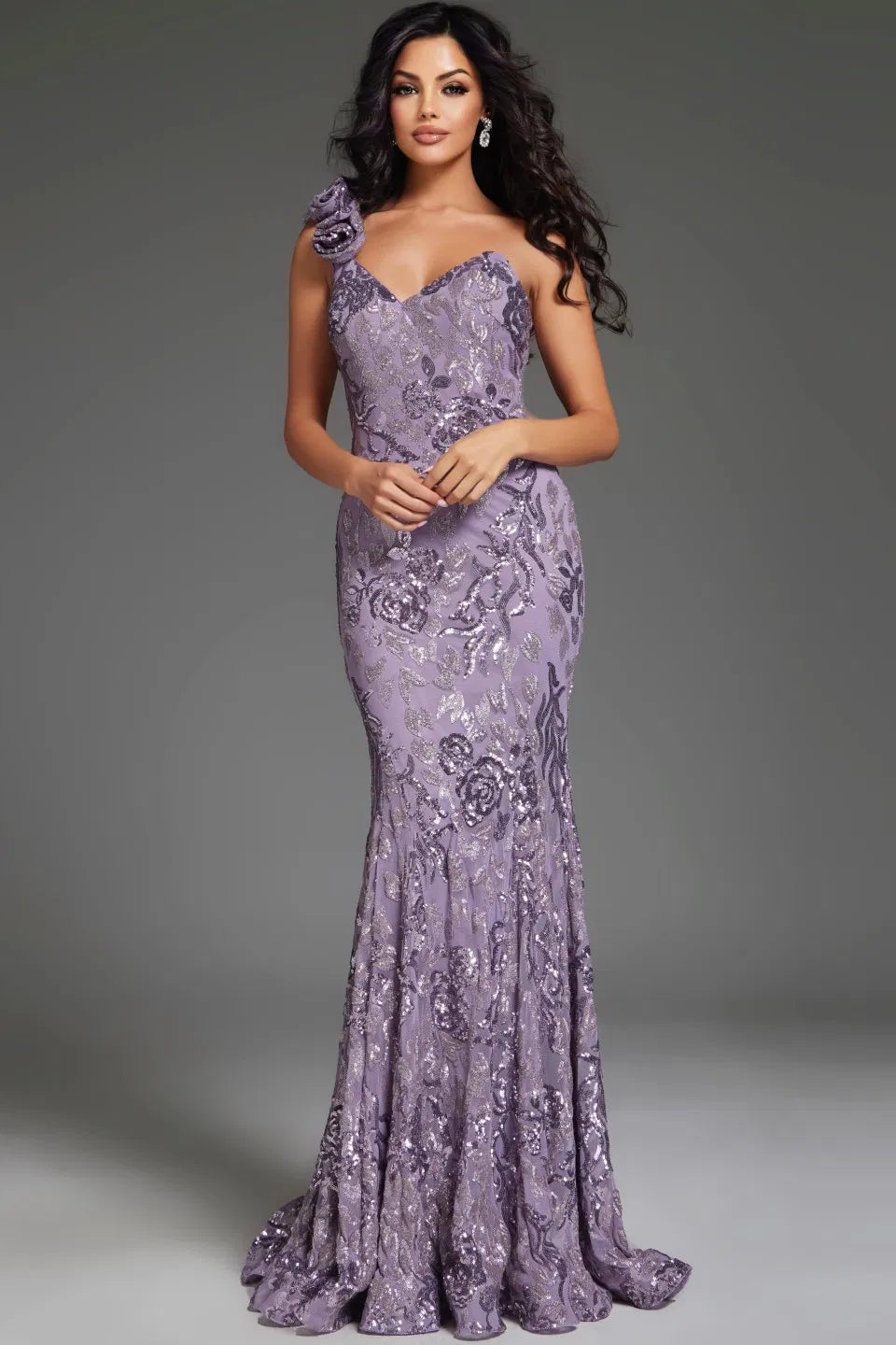 Jovani 37634 Floral Embellished Gown with One-Shoulder Ruffle