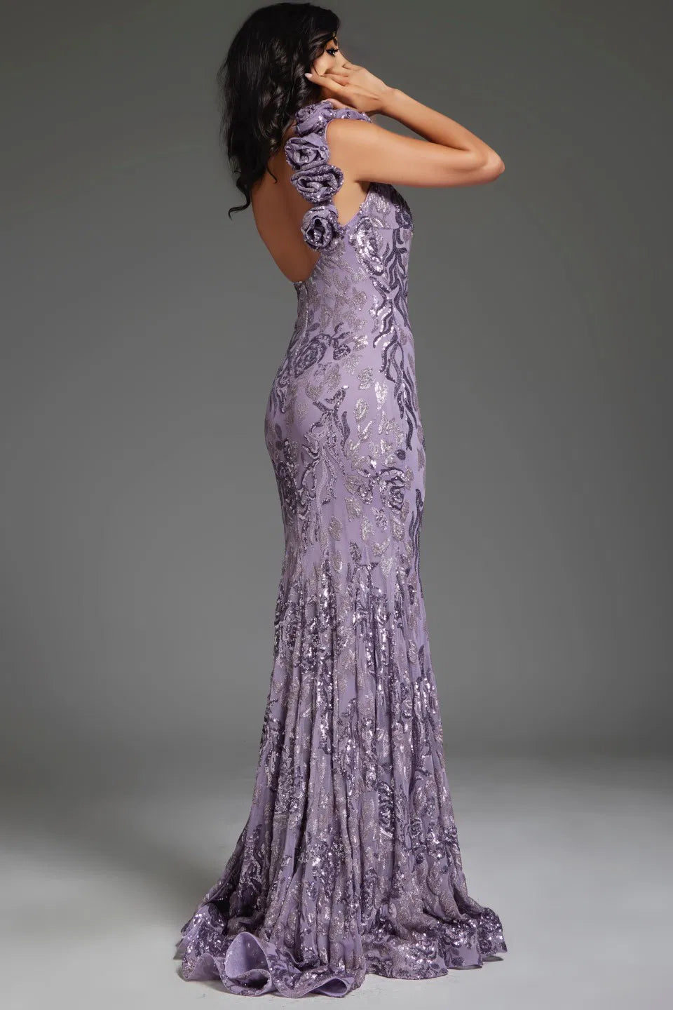 Jovani 37634 Floral Embellished Gown with One-Shoulder Ruffle