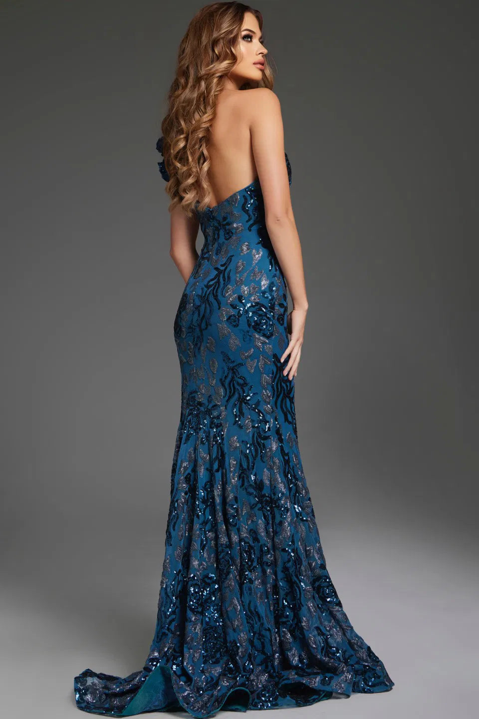 Jovani 37634 Floral Embellished Gown with One-Shoulder Ruffle