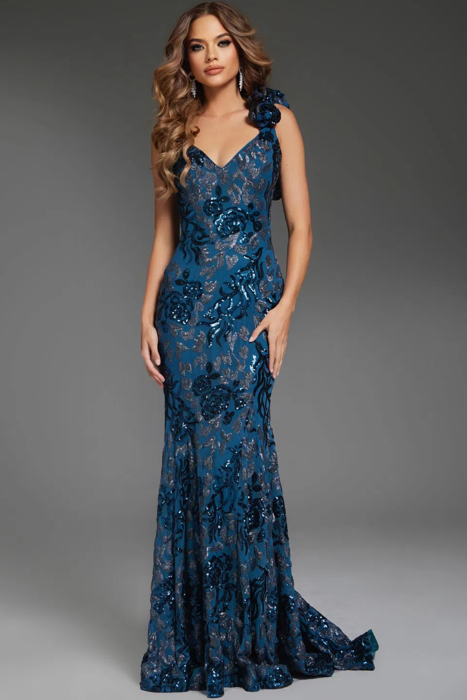 Jovani 37634 Floral Embellished Gown with One-Shoulder Ruffle