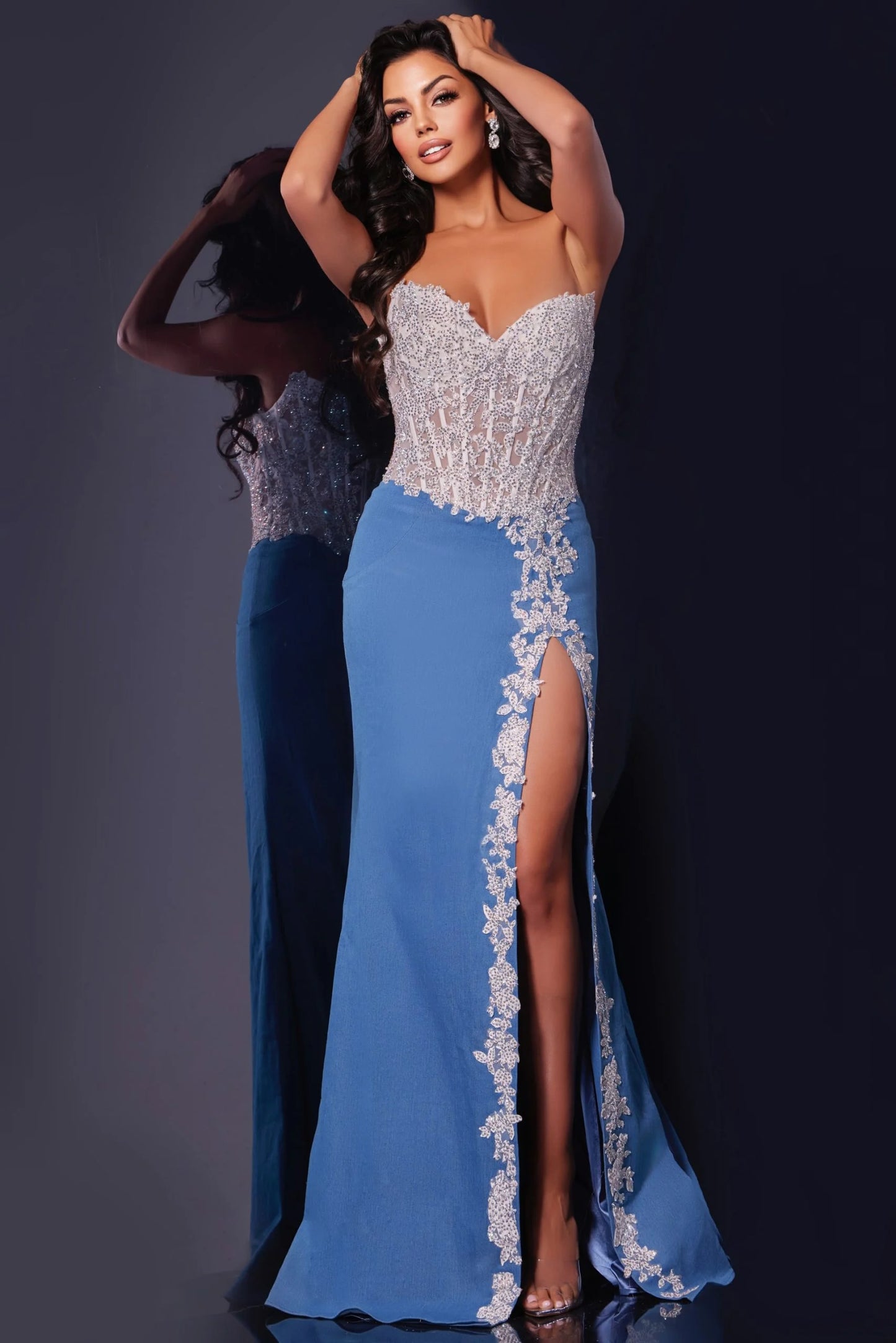 Jovani 43341 Strapless Denim Gown with Corset Bodice and Floral Embellished Slit