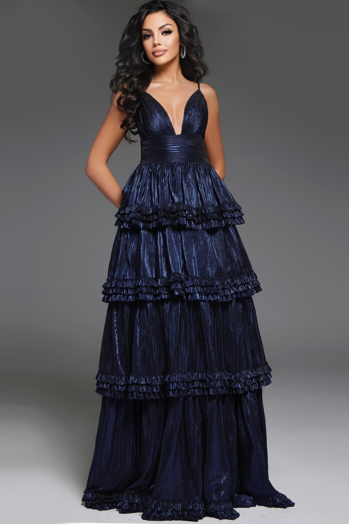 Jovani 38296 Tiered Metallic Gown with Deep V-neck and Ruffle Accents