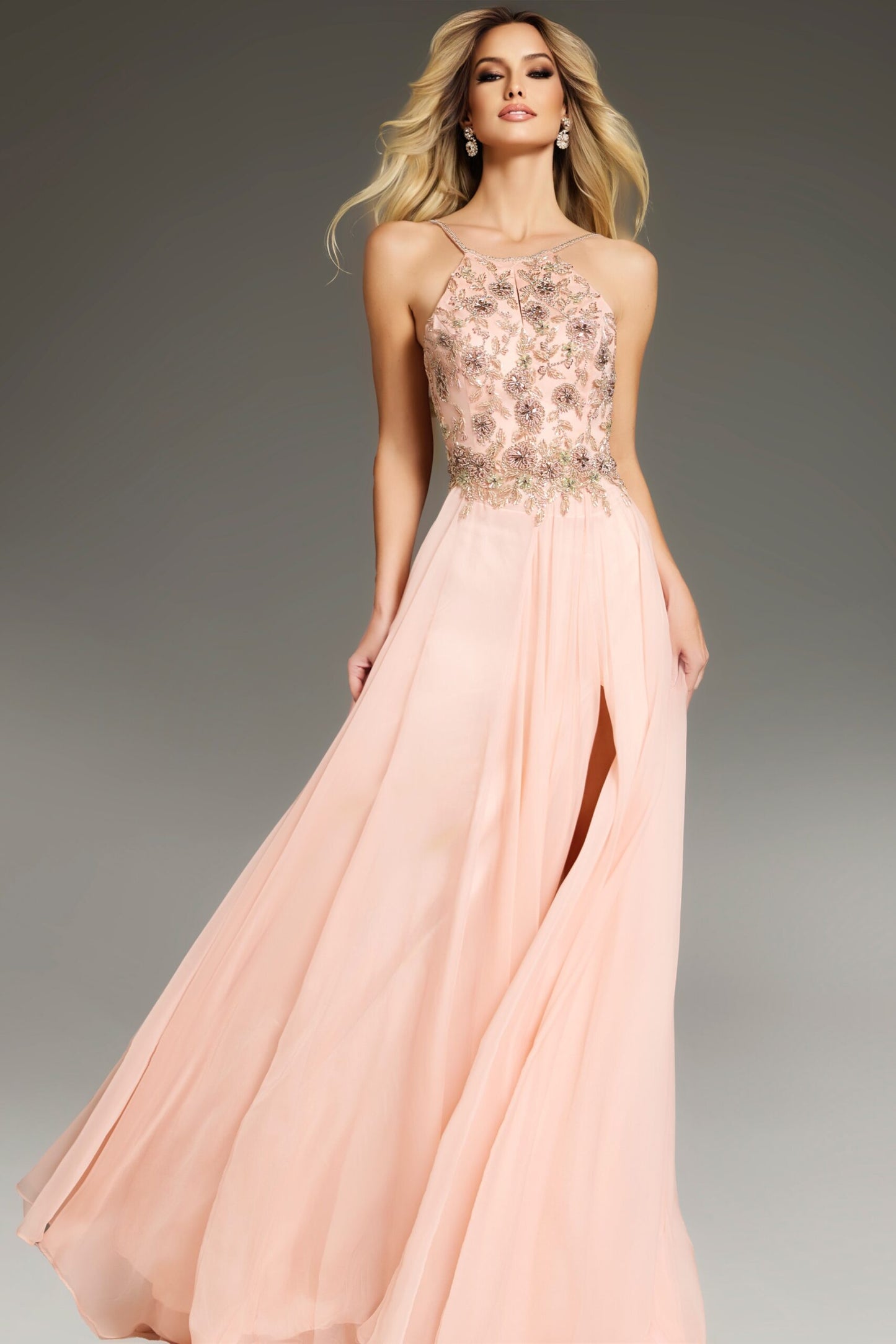 Jovani 38509 A-Line Gown with Floral Embellished Bodice and Flowing Skirt