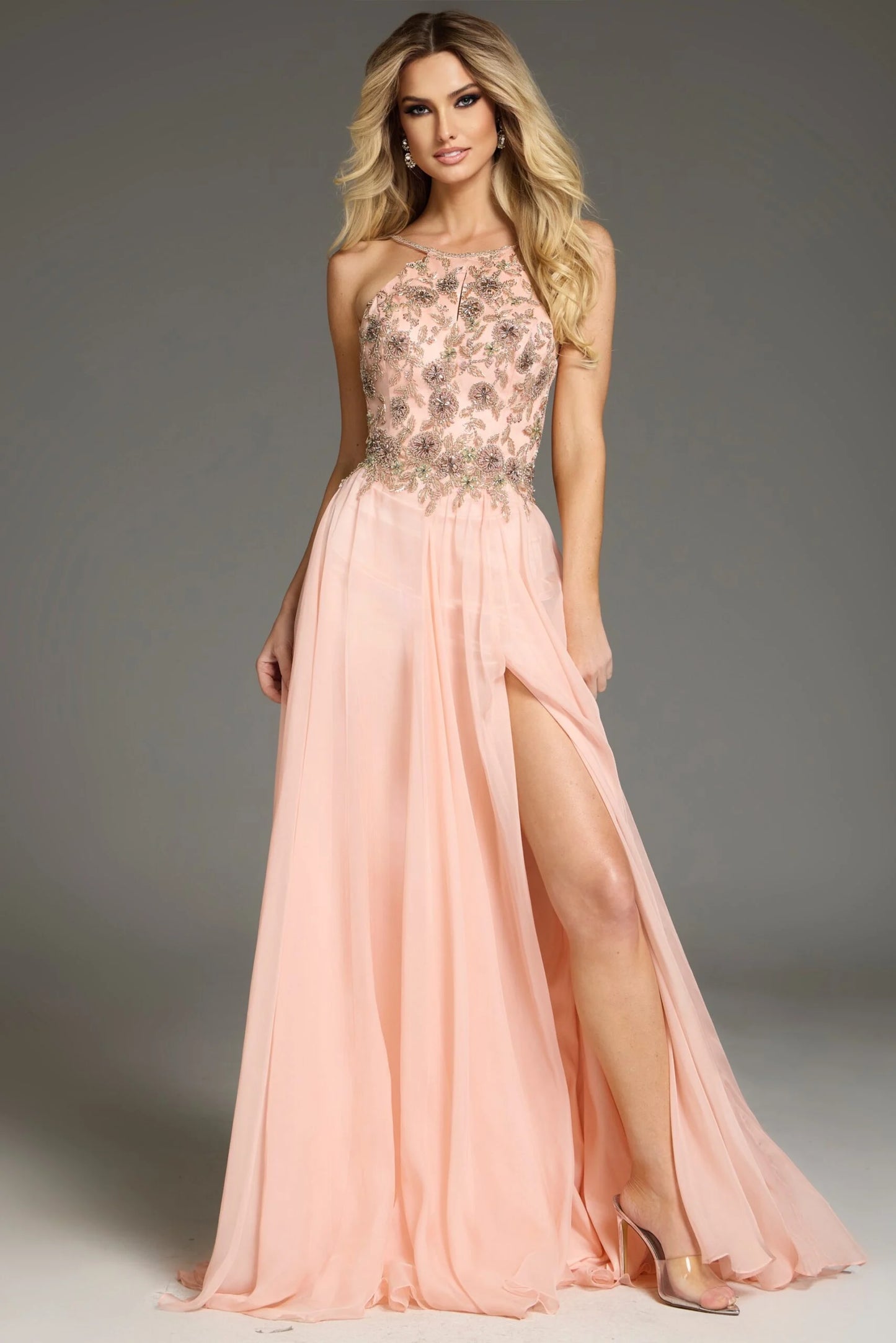 Jovani 38509 A-Line Gown with Floral Embellished Bodice and Flowing Skirt