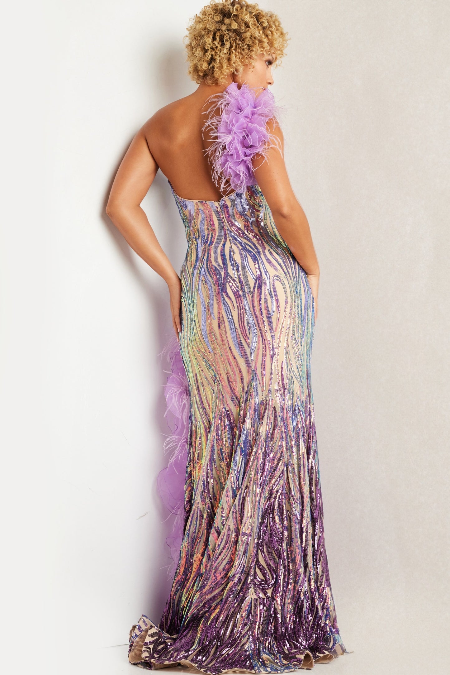 Jovani 38678 Sequin and Feather Embellished Gown