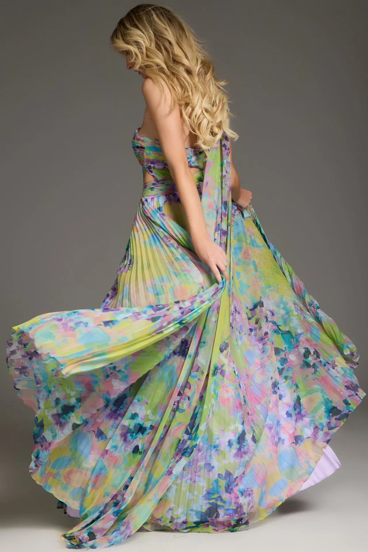 Jovani 38688 Halter Neck Pleated Floral Gown