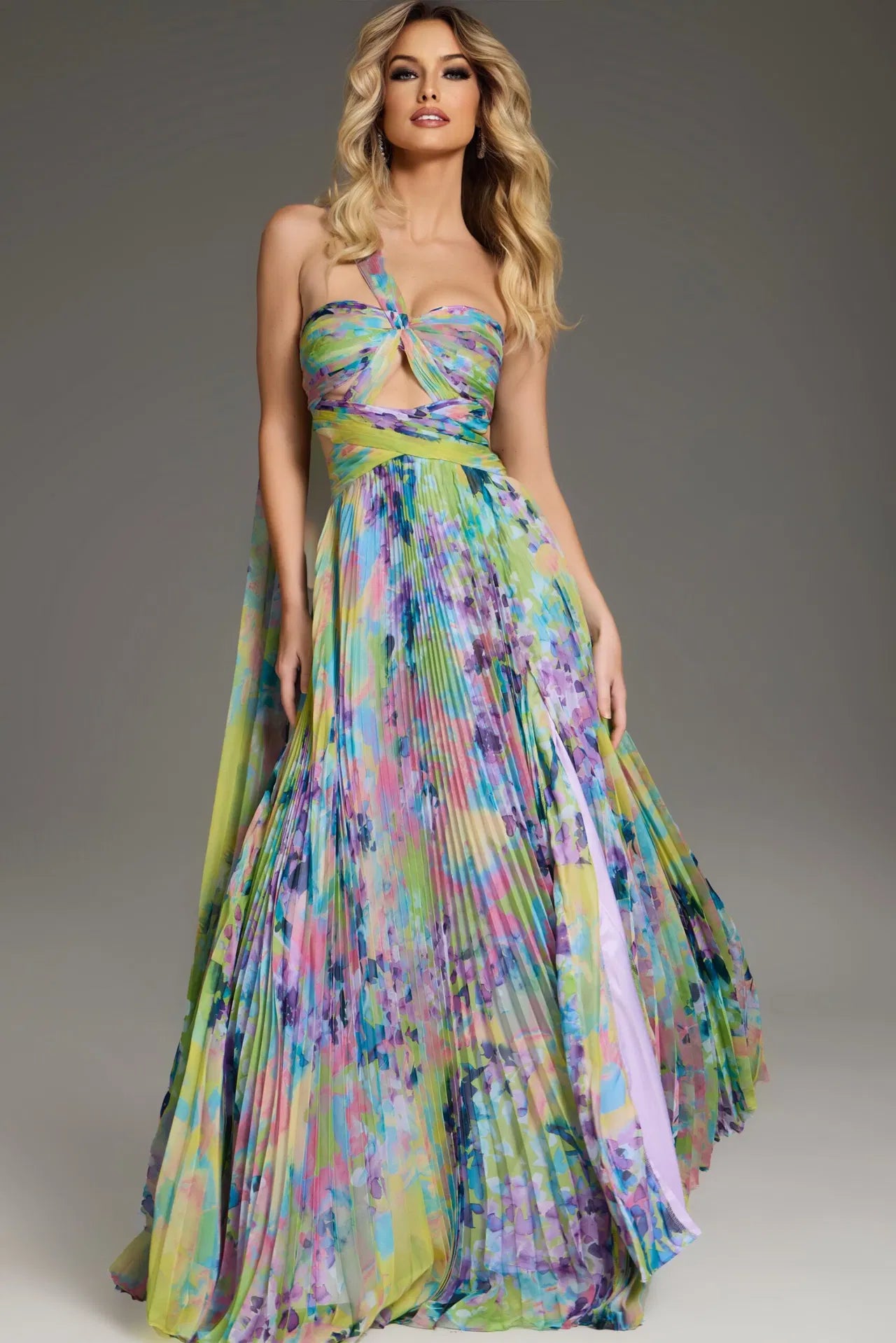 Jovani 38688 Halter Neck Pleated Floral Gown