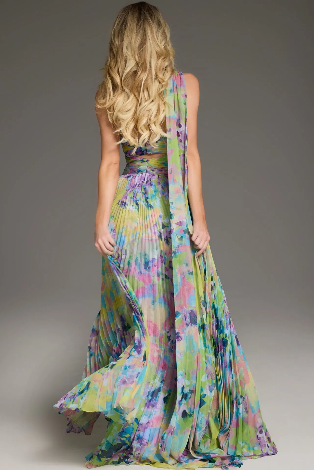 Jovani 38688 Halter Neck Pleated Floral Gown