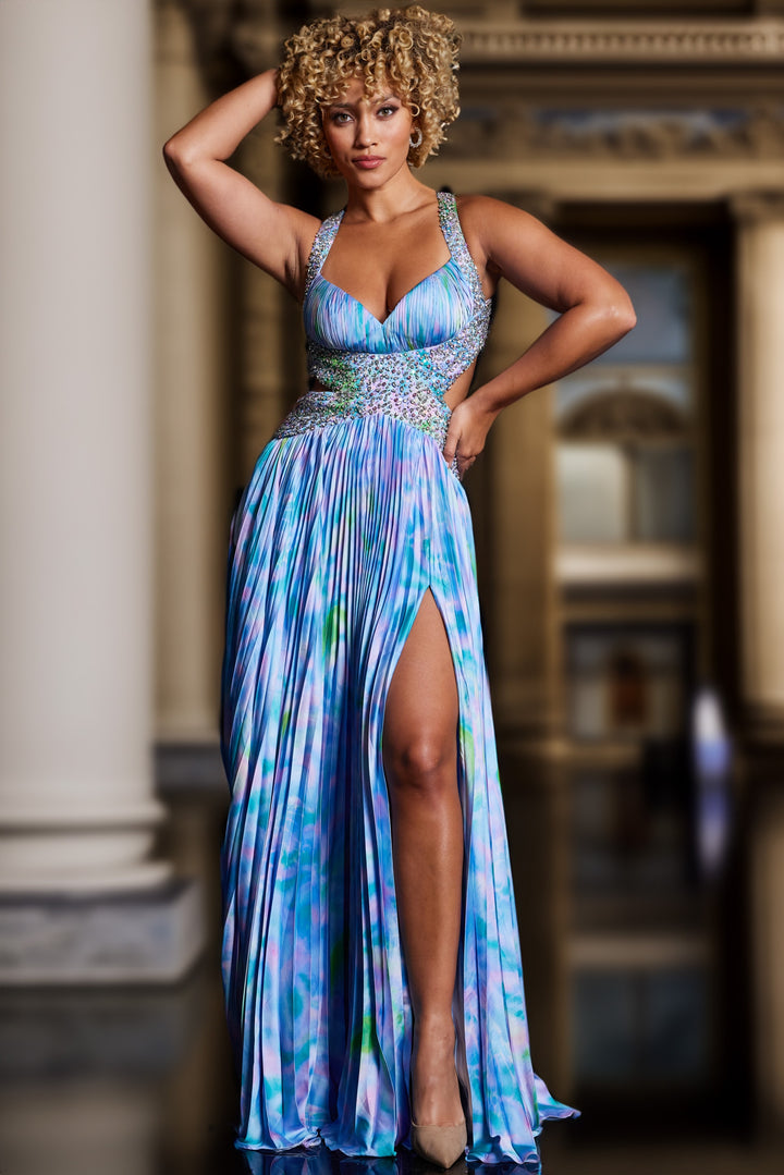 Jovani 38722 Print Pleated Satin Formal Dress