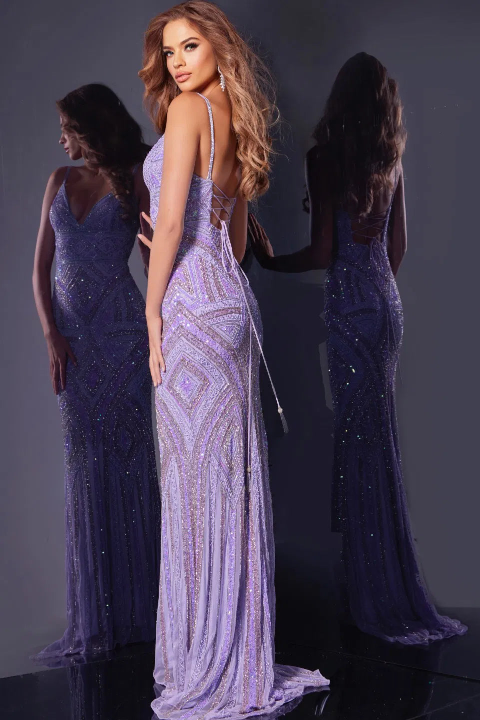 Jovani 38848 Spaghetti Straps V-Neck Gown with Geometric Sequin Detail
