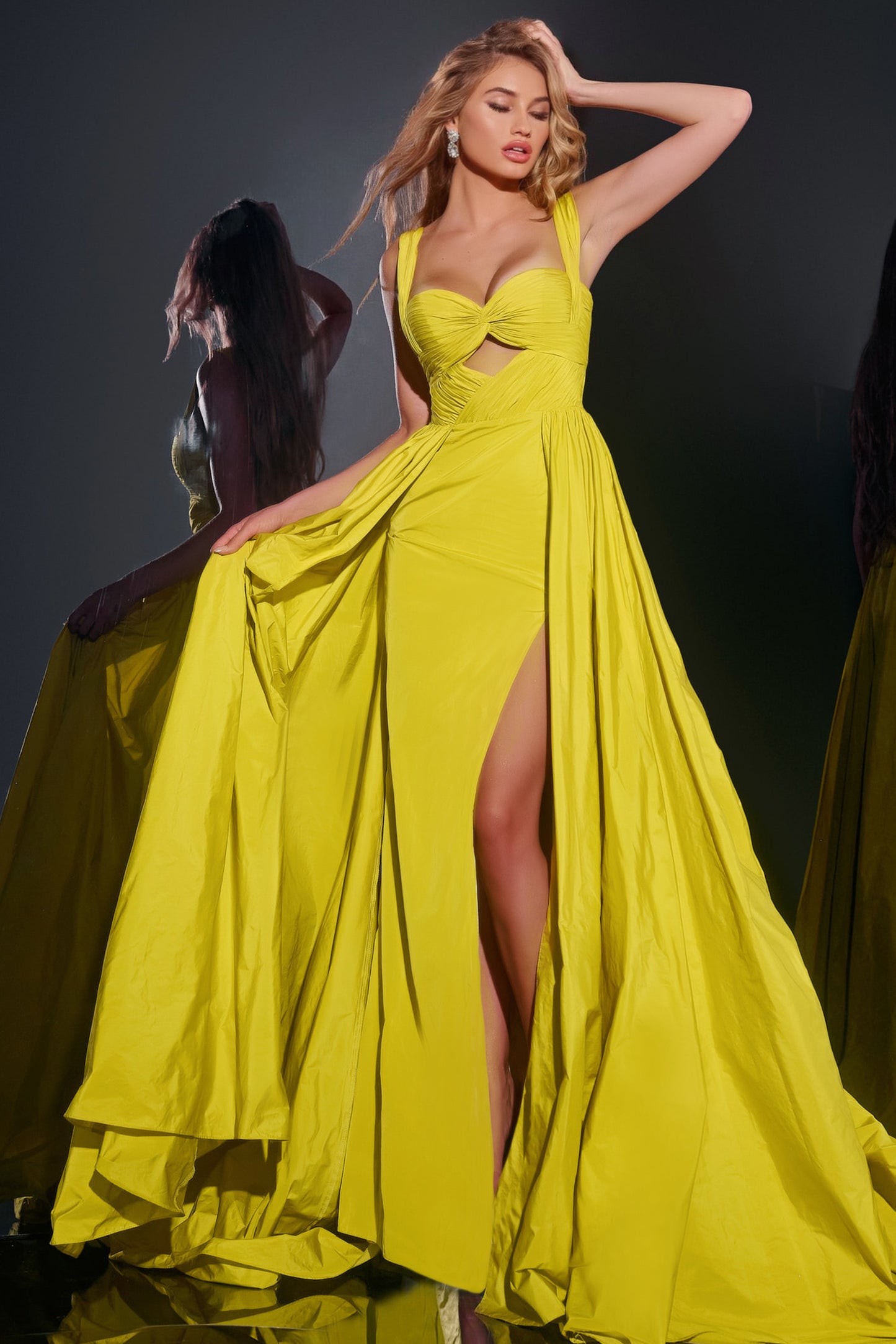 Jovani 38957 High Slit Ball Gown with Ruched Bodice