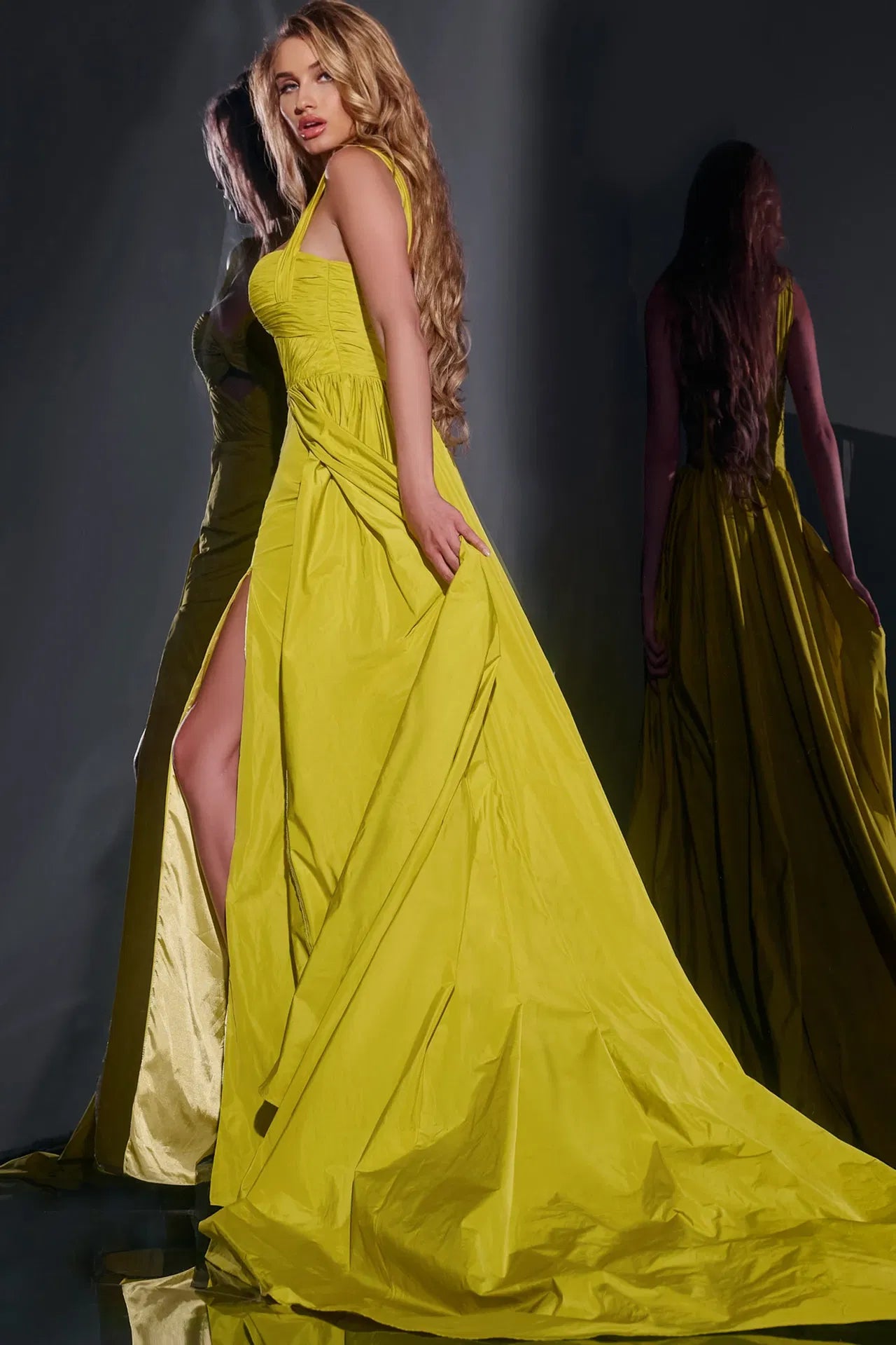 Jovani 38957 High Slit Ball Gown with Ruched Bodice
