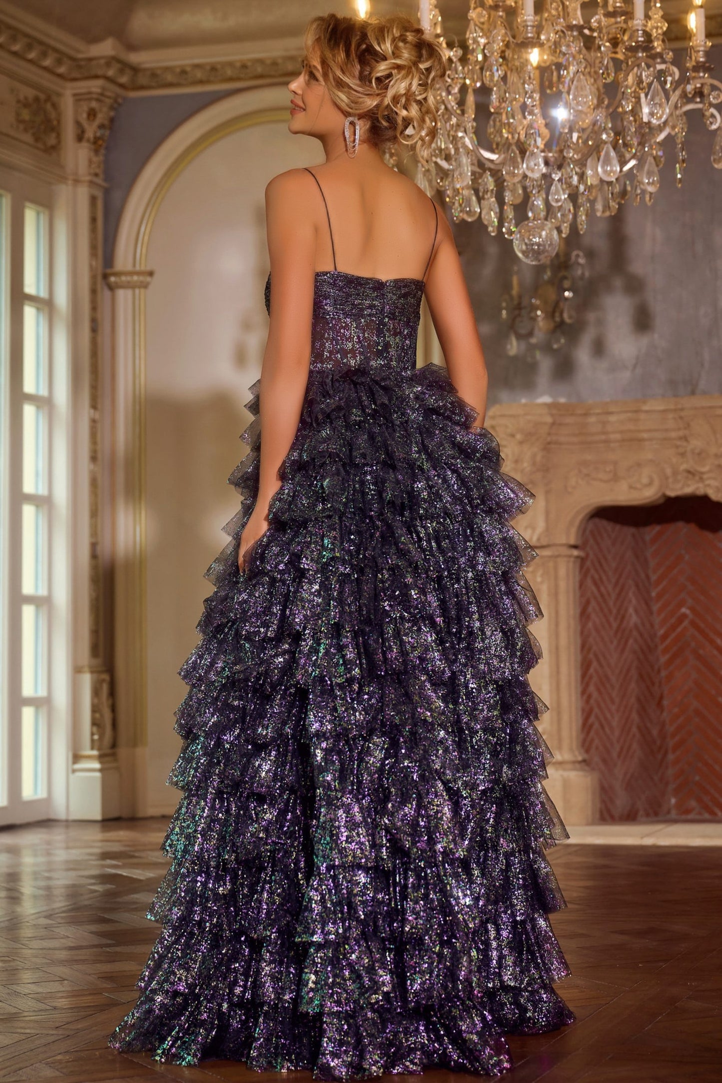 Jovani 39305 Ruffled Tiered Gown with Spaghetti Straps and Glitter Detail