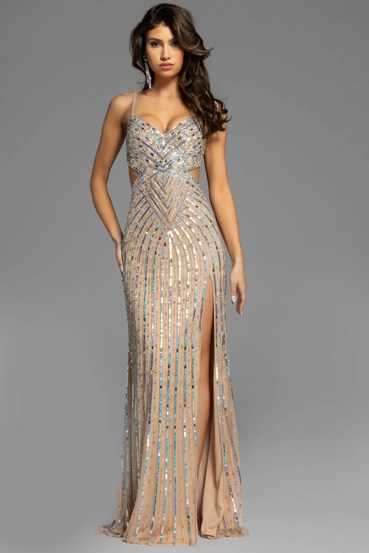 Jovani 40060 Beaded Gown with Side Cutouts and Geometric Embellishments