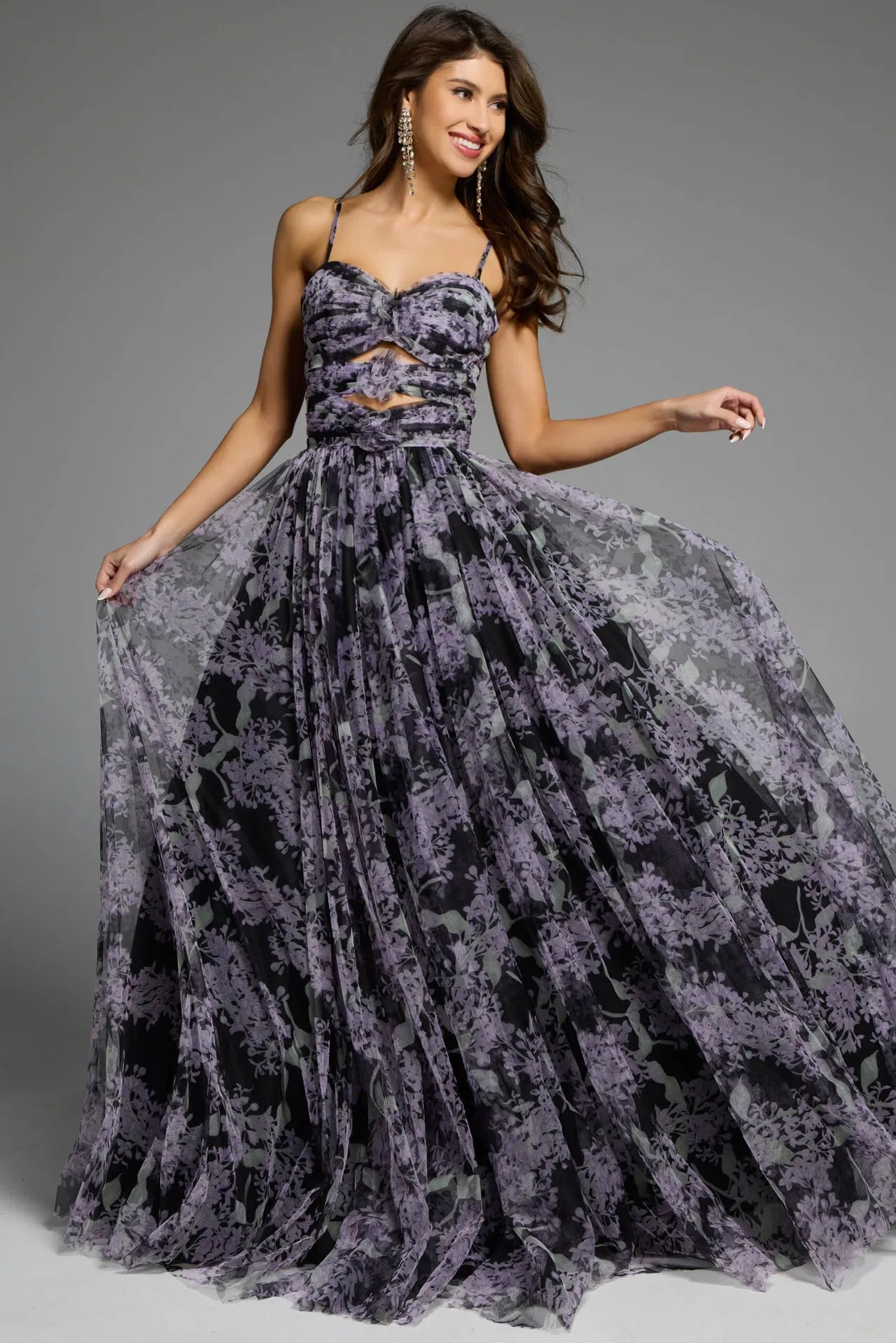 Jovani 40402 Floral Print Gown with Spaghetti Straps