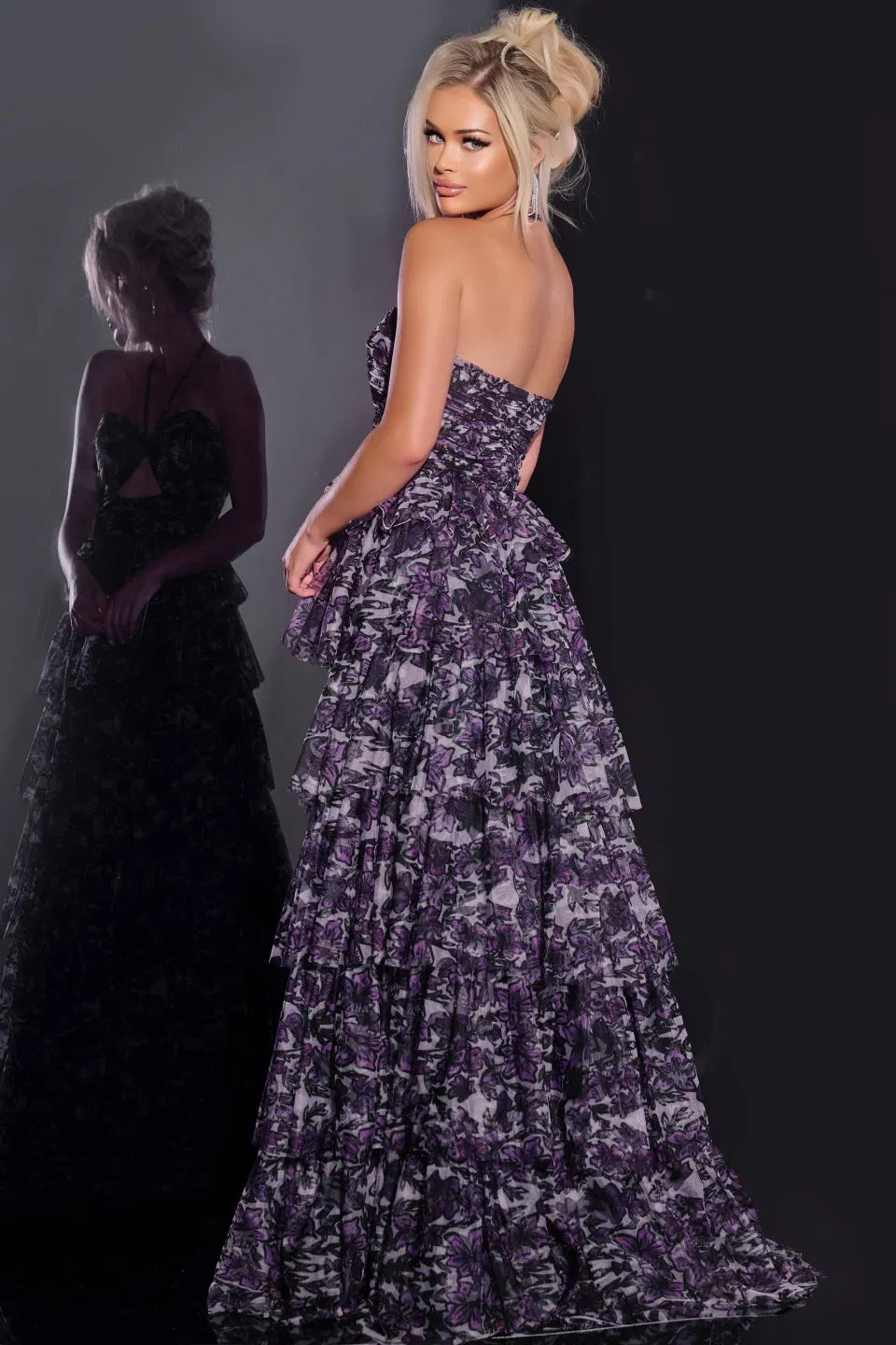 Jovani 40423 Strapless Tiered Gown with Floral Details